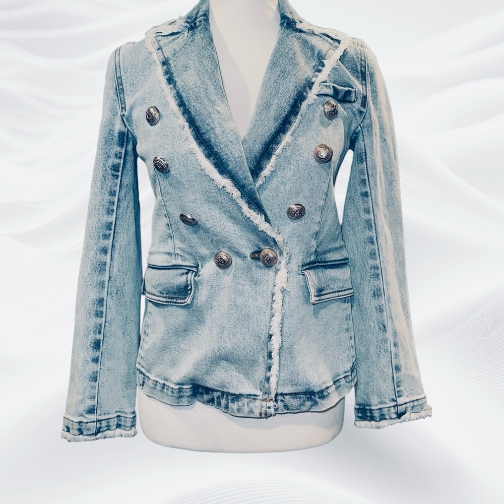 Generation Love Blue Denim Jacket Sutton Frayed Button XS Double Breast